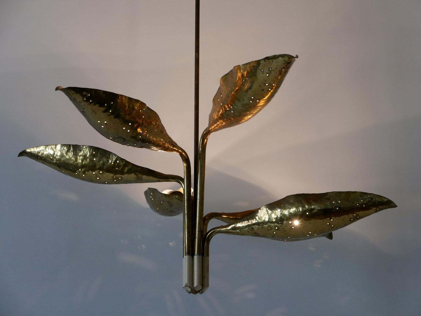 Angelo Lelii Hammered & Perforated Brass Chandelier For Arredoluce Italy 1950s photo Lighting