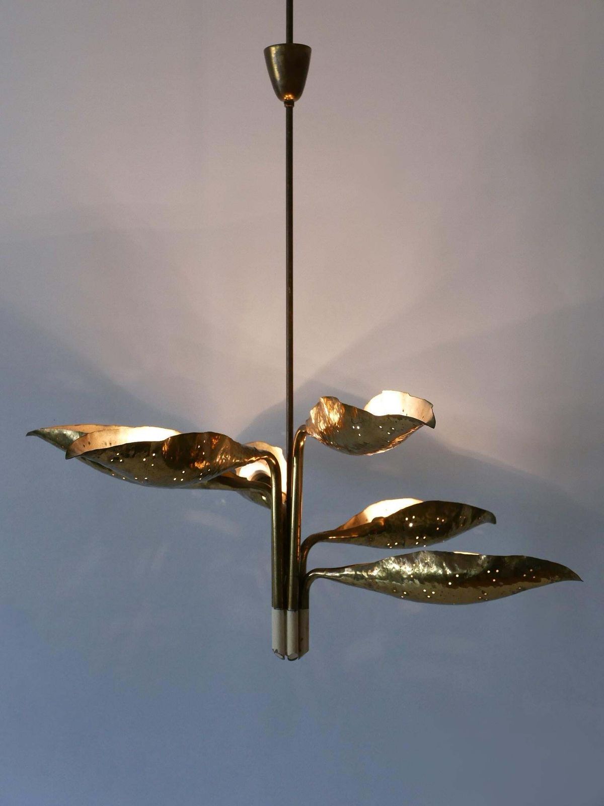Angelo Lelii Hammered & Perforated Brass Chandelier For Arredoluce Italy 1950s photo vintage