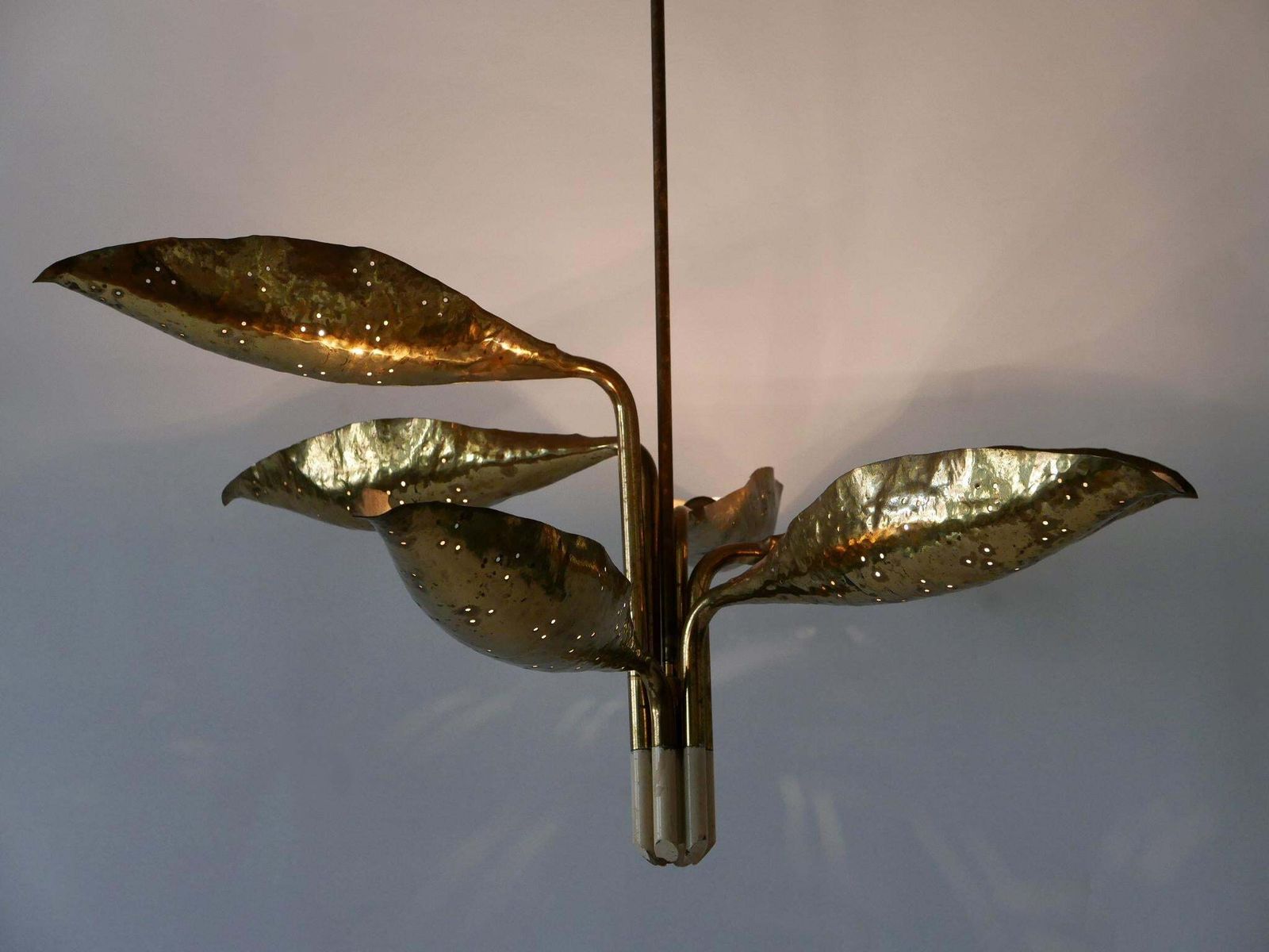 photo vinterior Angelo Lelii Hammered & Perforated Brass Chandelier For Arredoluce Italy 1950s