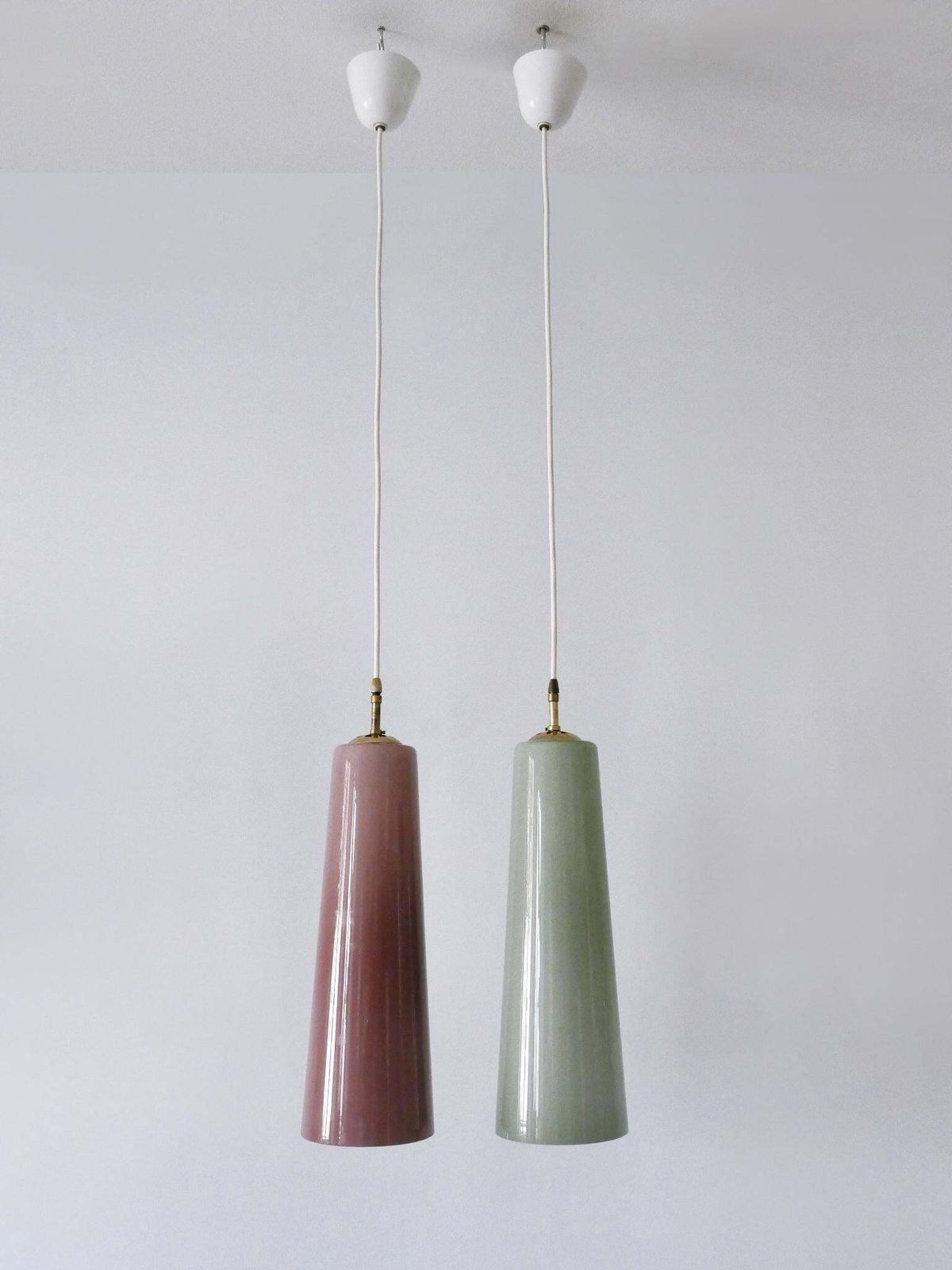 Set Of Two Elegant Mid Century Murano Glass Pendant Lamps By Vistosi Italy 1950s photo for sale