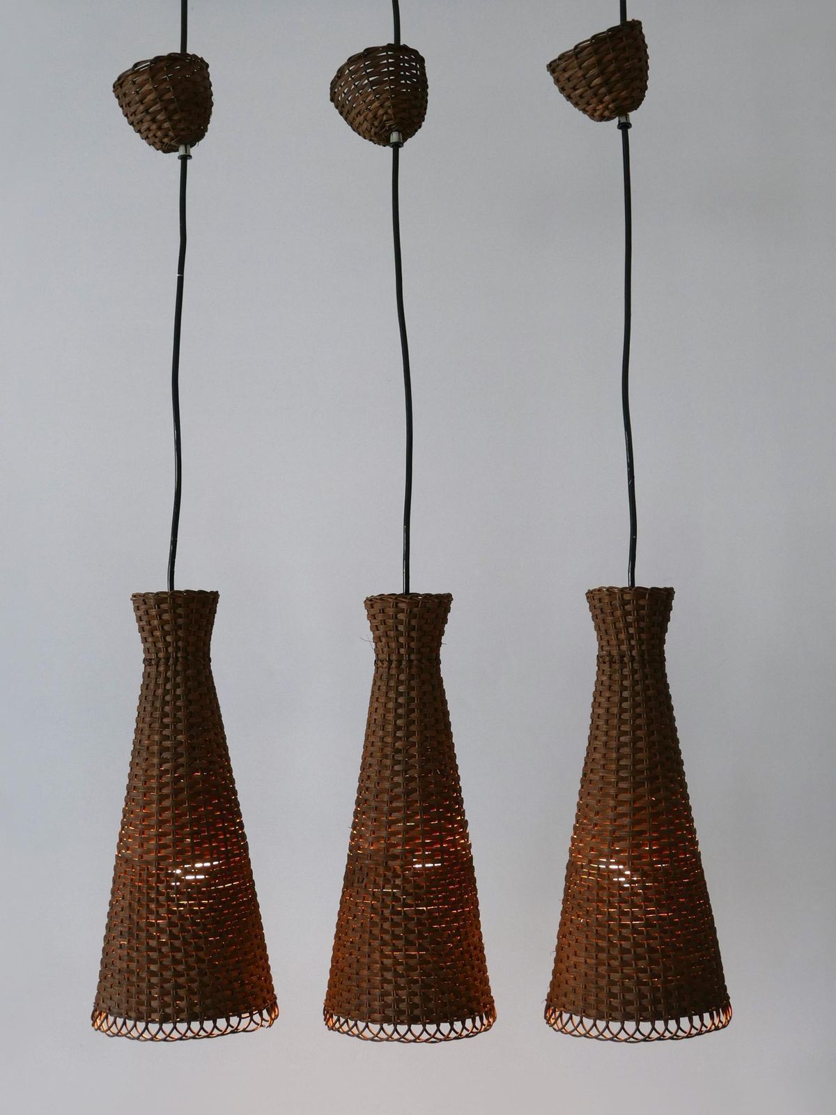 Set Of Three Lovely Mid Century Modern Rattan Diabolo Pendant Lamps 1960s photo furniture