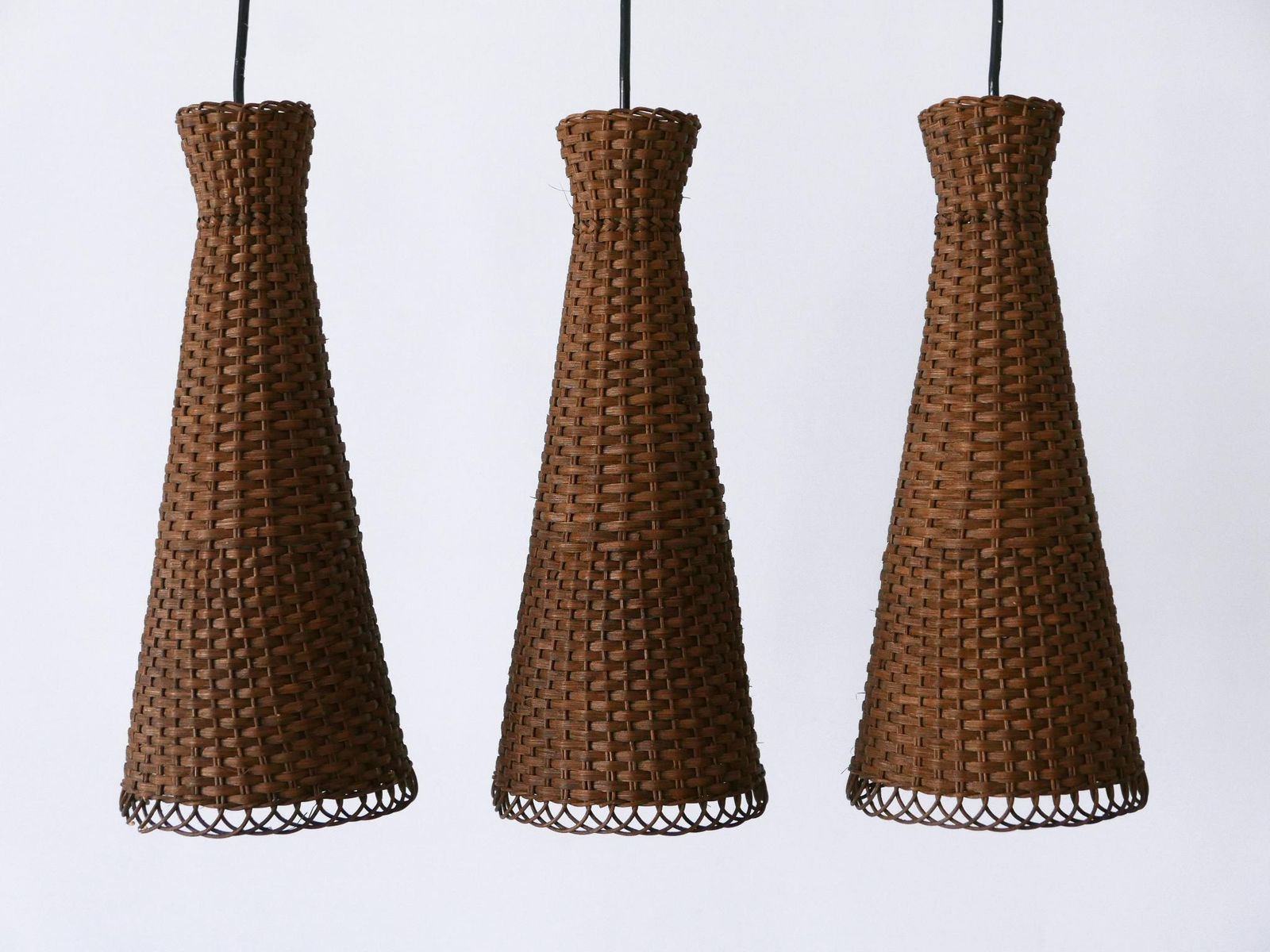 Set Of Three Lovely Mid Century Modern Rattan Diabolo Pendant Lamps 1960s photo for sale