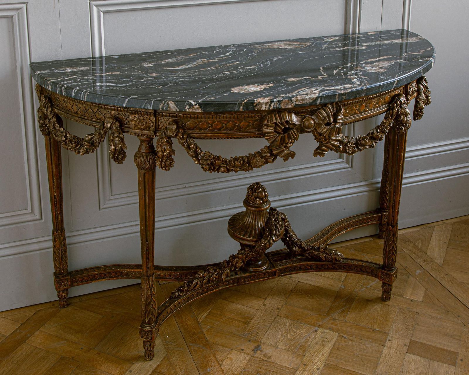 photo furniture Large Louis XVI Style Demi Lune Console By La Maison London With A Portoro Top