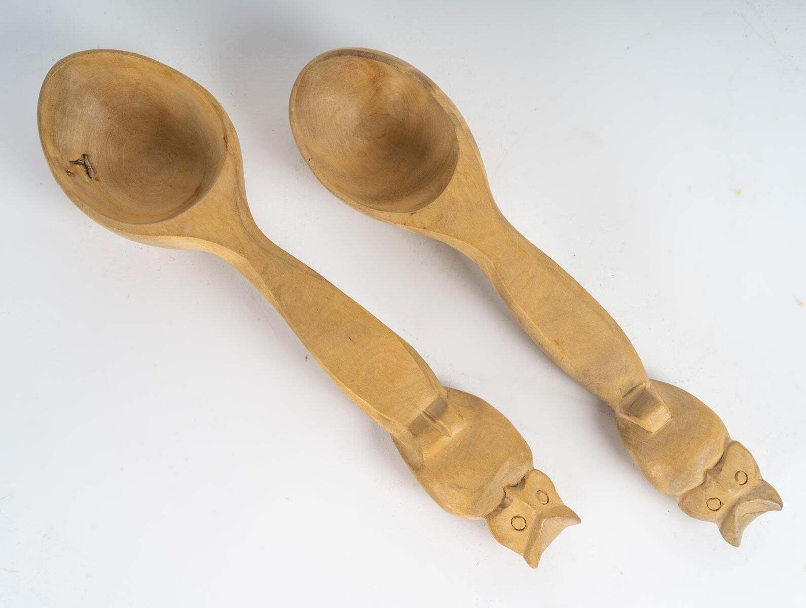 Pair Of Russian Wooden Ladles With Owl Design, Circa 1990. photo Home Decor