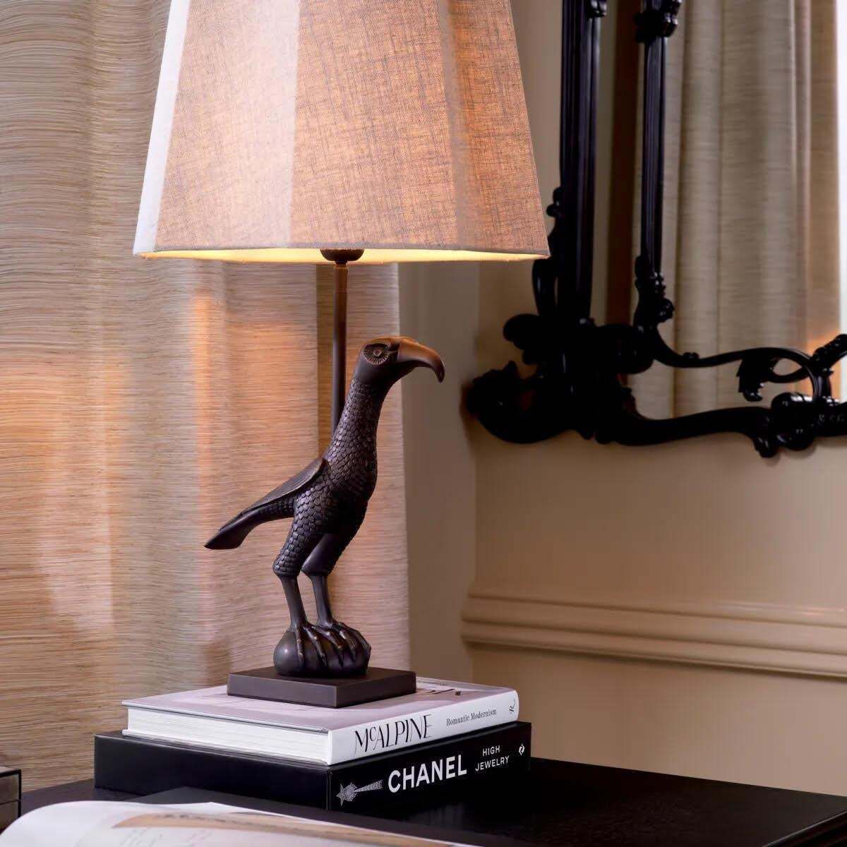 Pair Of Patinated Bronze Table Lamps Representing A Falcon. photo Lighting