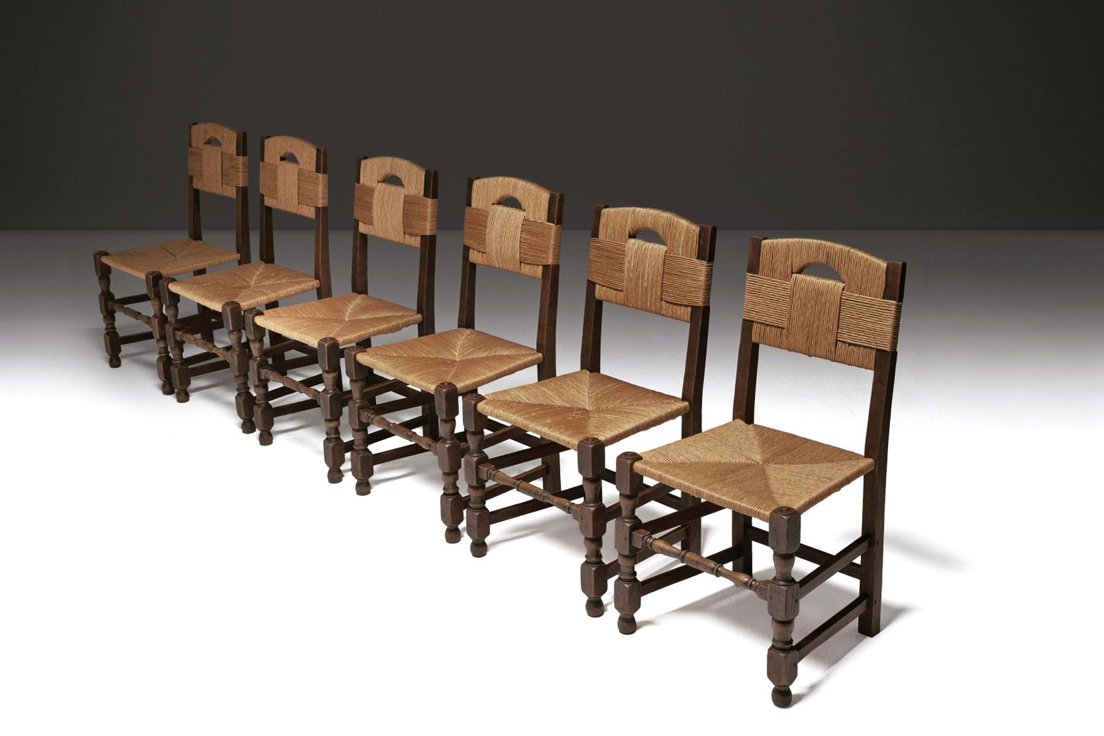 Set Of Six Oak And Rush Chairs With Sculptural Legs, Europe 1940s photo furniture