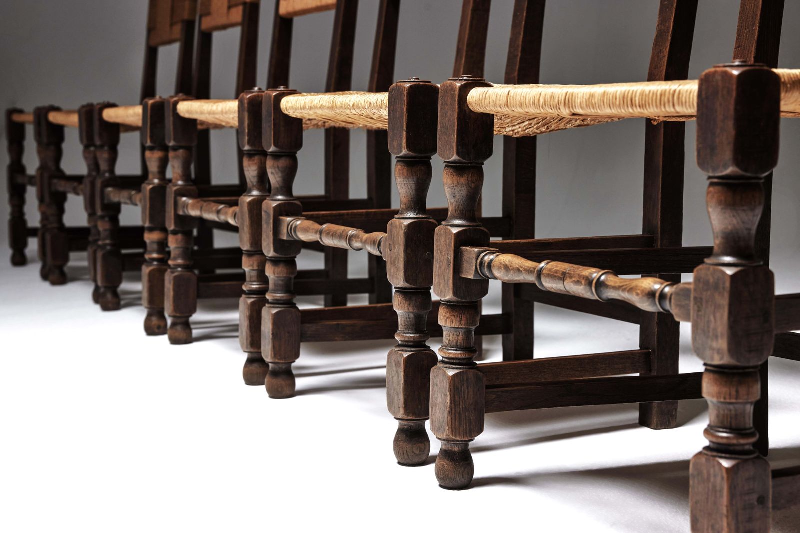 Set Of Six Oak And Rush Chairs With Sculptural Legs, Europe 1940s photo vinterior