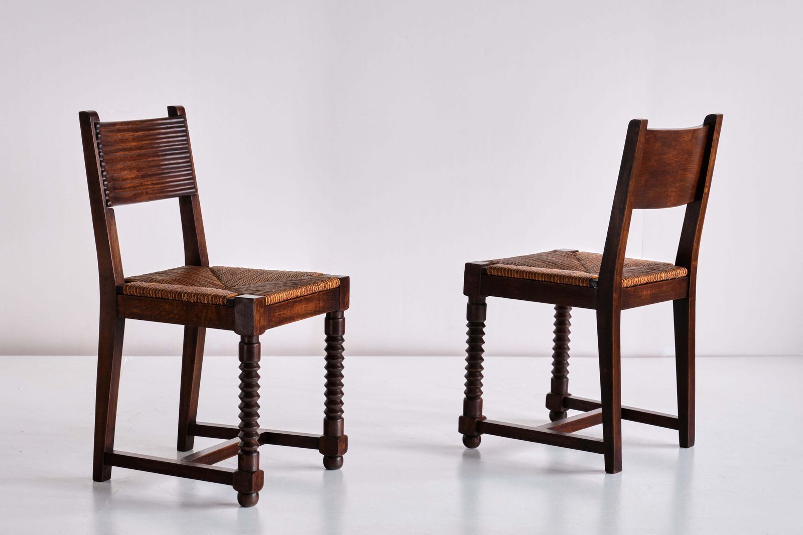 Set Of Six Victor Courtray Dining Chairs In Oak And Rush, France, 1940s photo 8039.0
