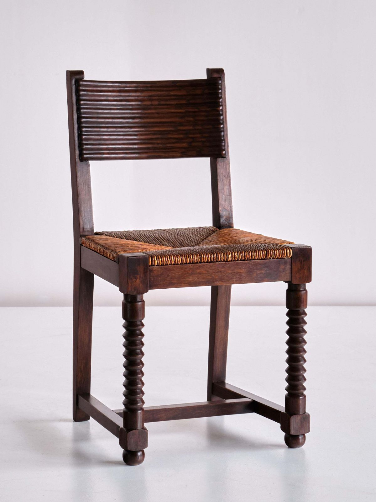 photo for sale Set Of Six Victor Courtray Dining Chairs In Oak And Rush, France, 1940s
