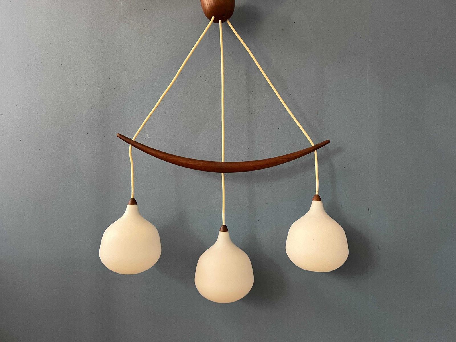 Teak Wood Opaline Glass Chandelier 512 By Uno & östen Kristiansson For Luxus Sweden photo 985.0