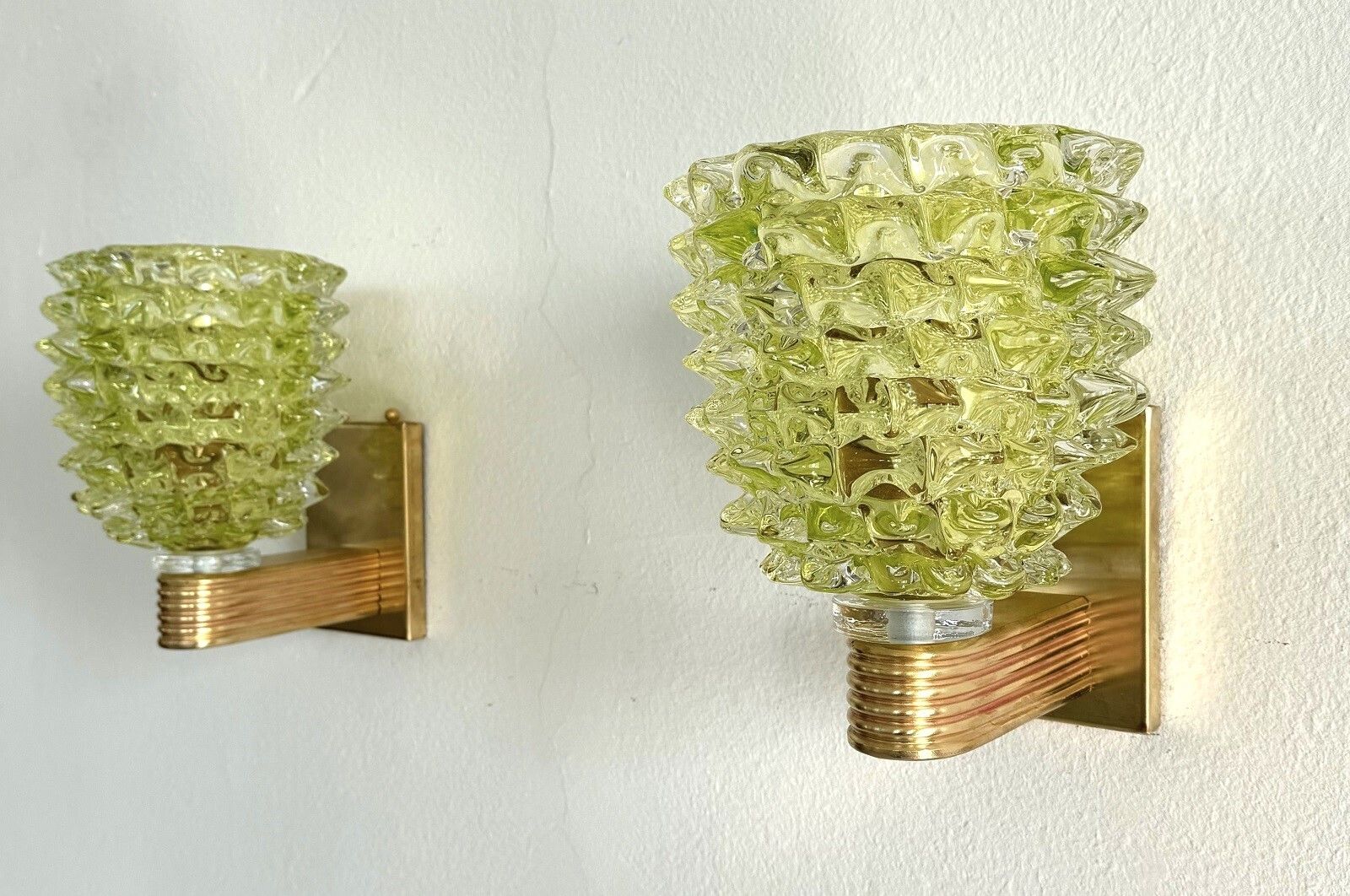 Lighting Italian Art Deco Brass And Green Rostrato Murano Glass Wall Sconces In Barovier Toso Style photo