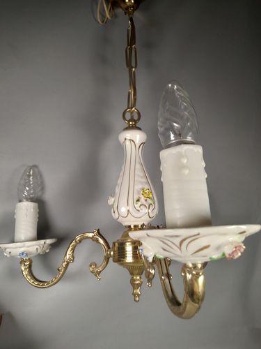 Vintage Italian Ceramic Pretty Floral Flower 3 Arm Chandelier Ceiling Light