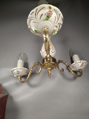 Vintage Italian Ceramic Pretty Floral Flower 3 Arm Chandelier Ceiling Light photo Lighting