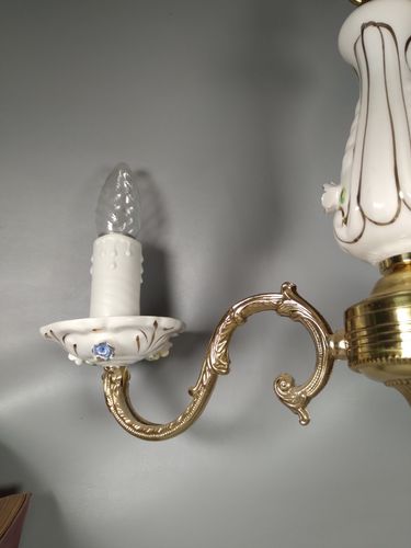 Vintage Italian Ceramic Pretty Floral Flower 3 Arm Chandelier Ceiling Light photo vinterior