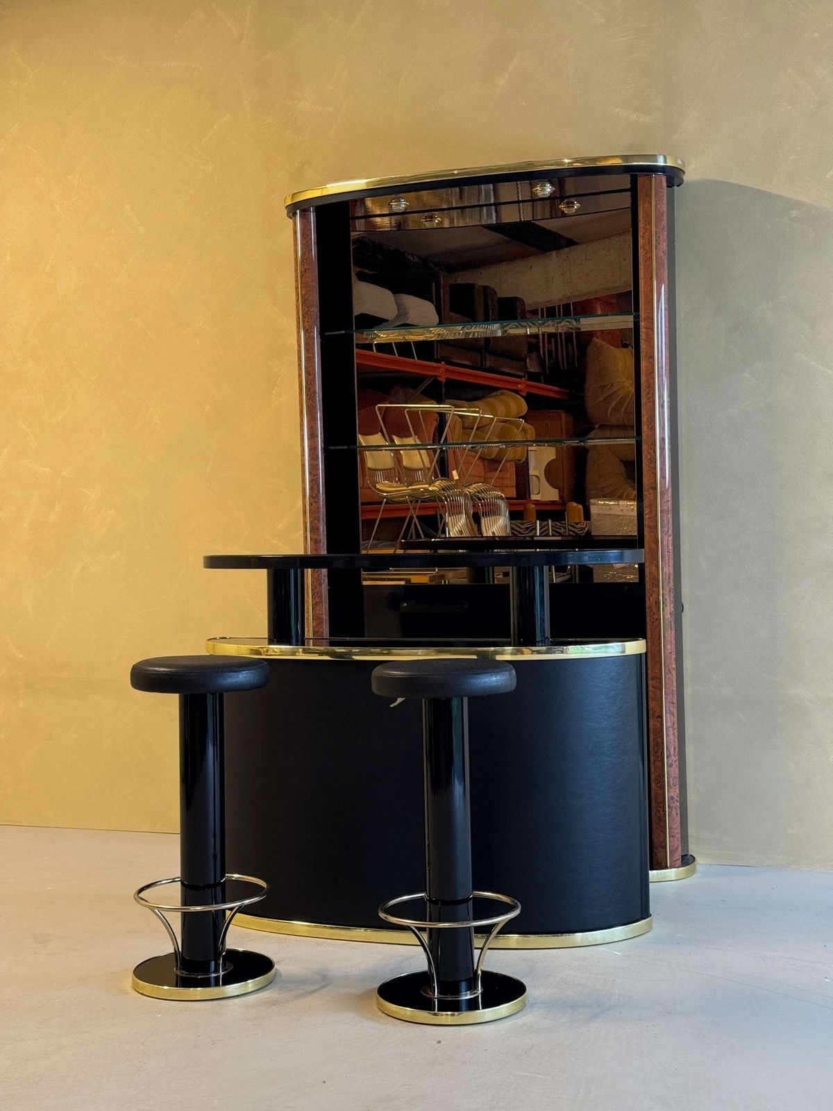Midcentury Black Lacquered And Burlwood Cocktail Bar photo furniture