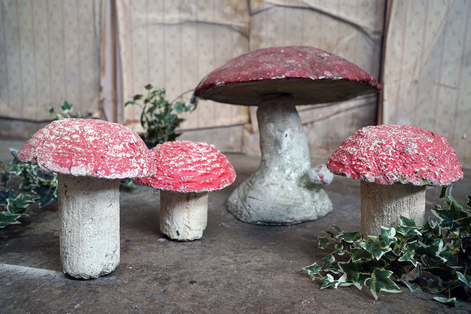 A Group Of Four Mid 20thc French Painted Stone Garden Mushrooms C.1950 60 photo vintage