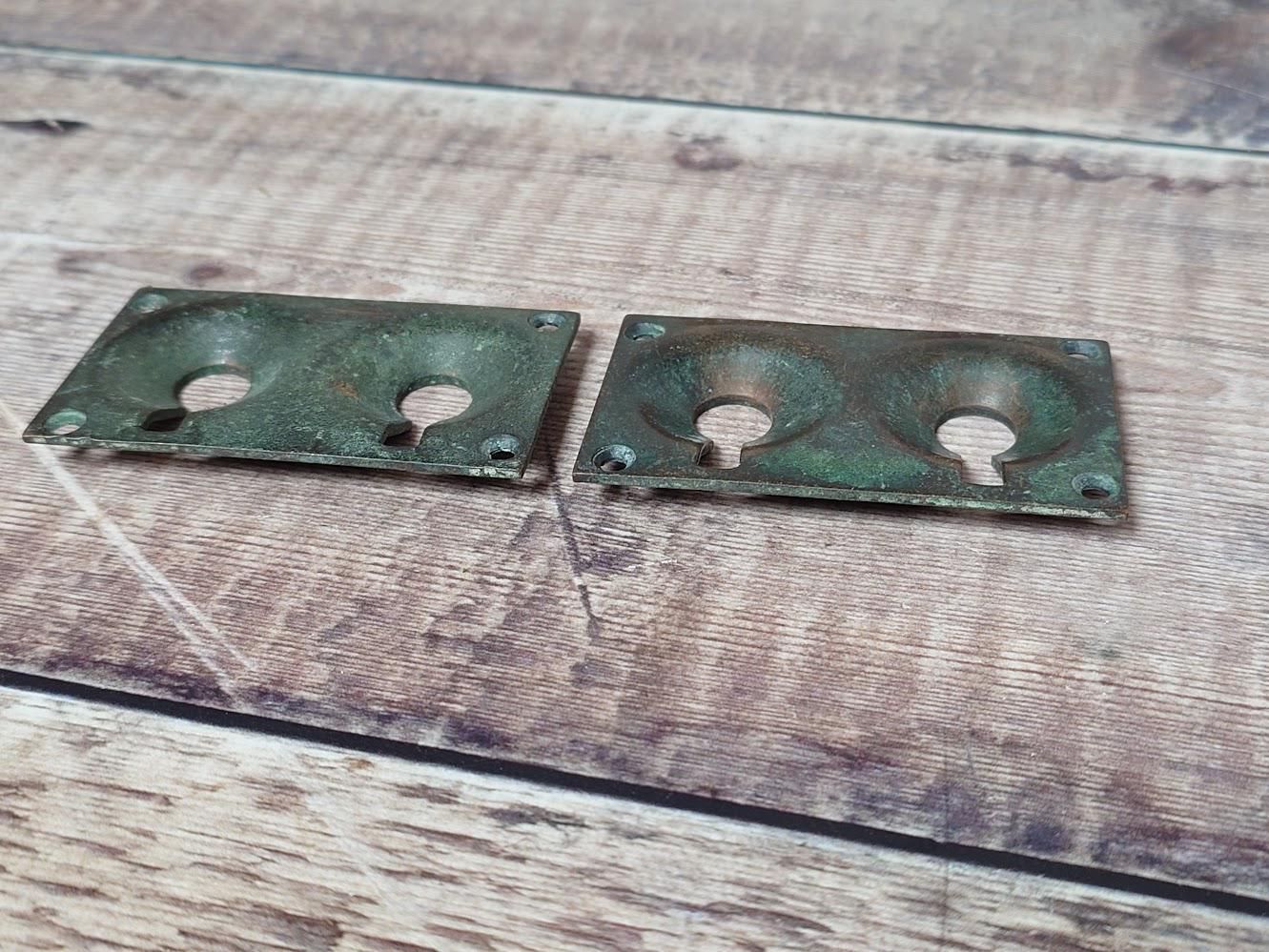 1 Pair Antique Brass Escutcheons, Brass Keyhole Surrounds, Double Keyhole photo Home Fixtures