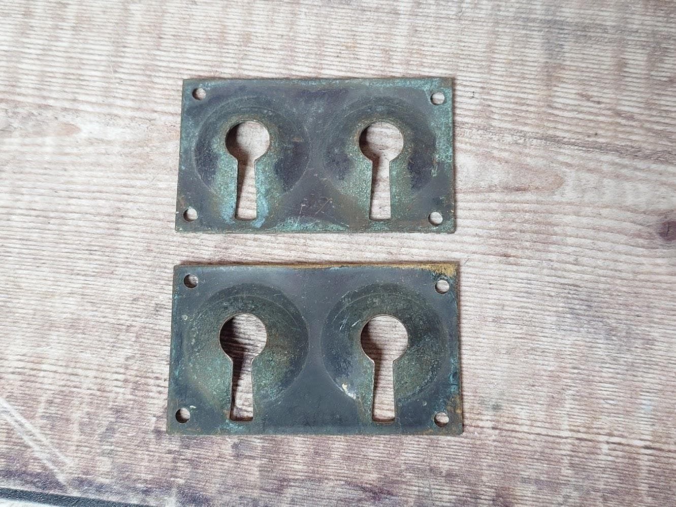 1 Pair Antique Brass Escutcheons, Brass Keyhole Surrounds, Double Keyhole photo vintage