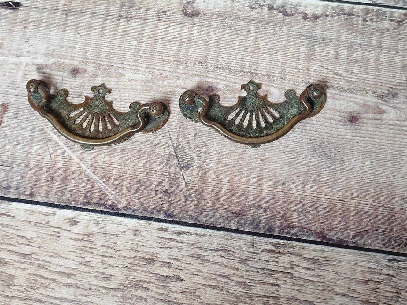 1 Pair Antique Brass Cabinet Handles, Brass Dresser Handles, Vintage Brass Cabinet Pulls, photo for sale