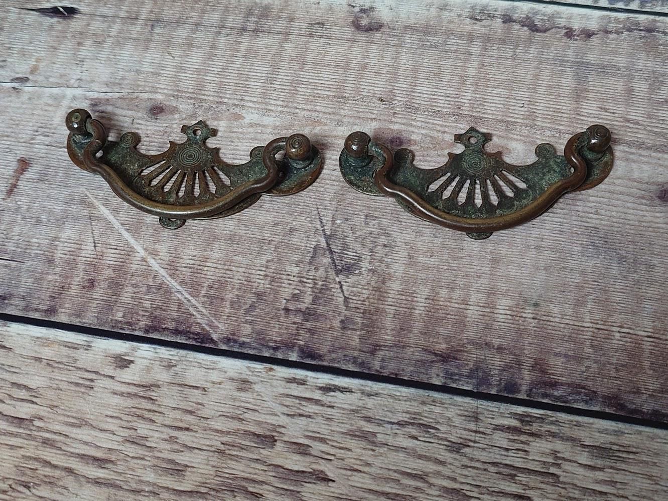 1 Pair Antique Brass Cabinet Handles, Brass Dresser Handles, Vintage Brass Cabinet Pulls, photo Home Fixtures