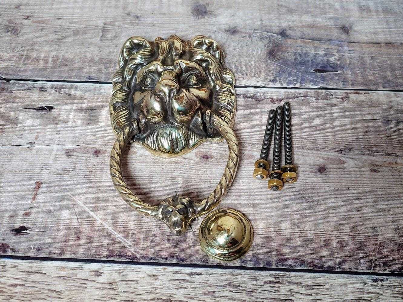 Antique Polished Brass Lion Door Knocker, Salvaged Lion Door Knocker photo for sale