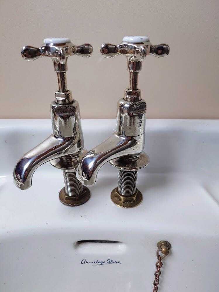 Antique Polished Nickel Basin Taps, Vintage White Brass Basin Faucets, 1930s Sink Taps, Overhauled And Ready To Fit photo furniture
