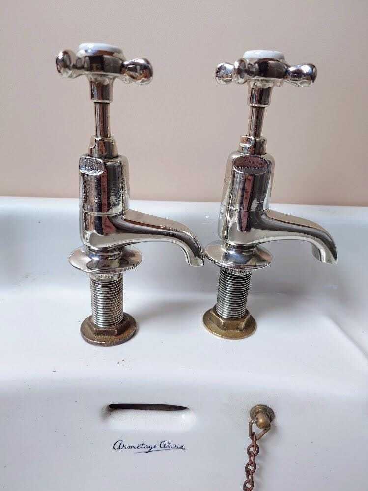 Antique Polished Nickel Basin Taps, Vintage White Brass Basin Faucets, 1930s Sink Taps, Overhauled And Ready To Fit photo vinterior