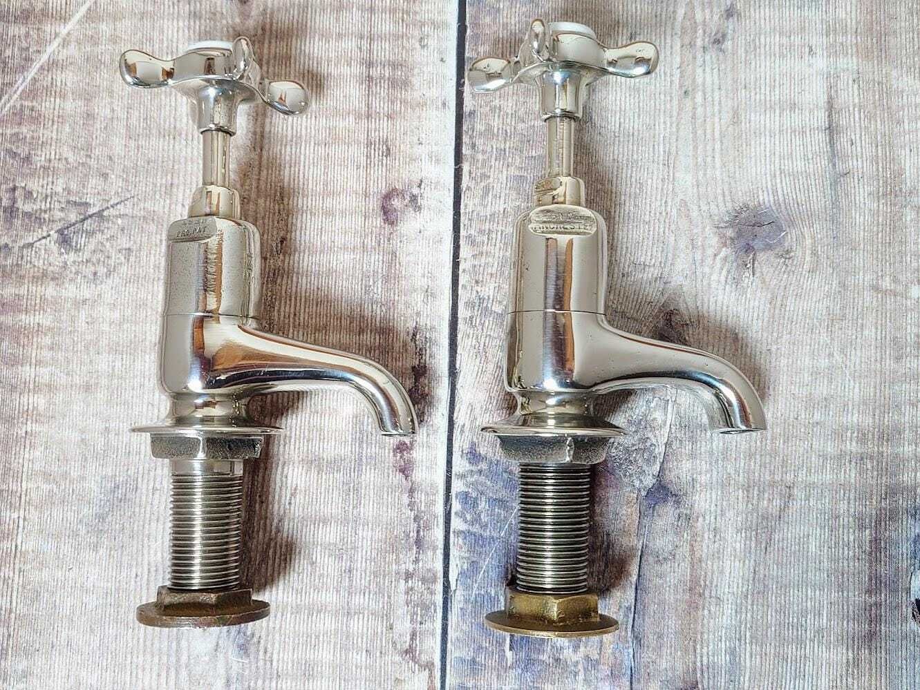 photo for sale Antique Polished Nickel Basin Taps, Vintage White Brass Basin Faucets, 1930s Sink Taps, Overhauled And Ready To Fit