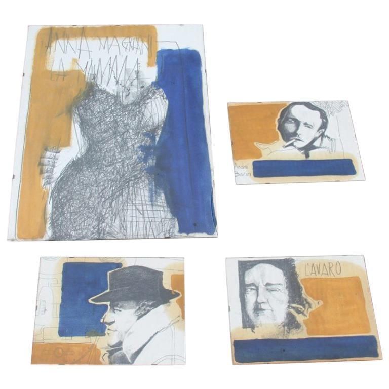 Charcoal On Paper And Mixed Technical Tempera Italian Films Cinema Movie 1970s