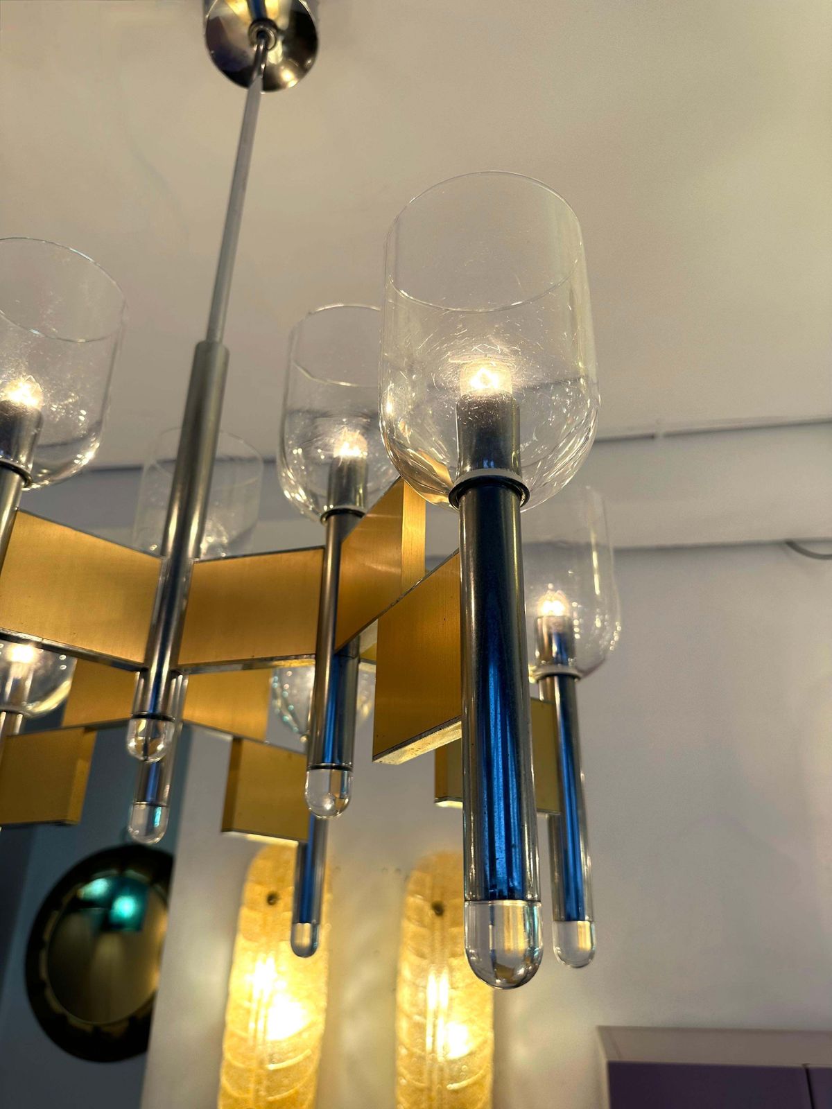 Chandelier Brass Chrome And Murano Glass By Sciolari, Italy, 1970s photo 2395.0
