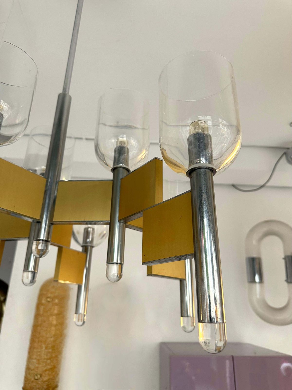 photo for sale Chandelier Brass Chrome And Murano Glass By Sciolari, Italy, 1970s