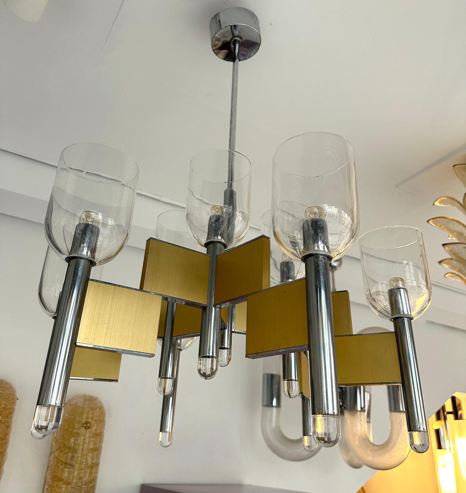 photo vinterior Chandelier Brass Chrome And Murano Glass By Sciolari, Italy, 1970s