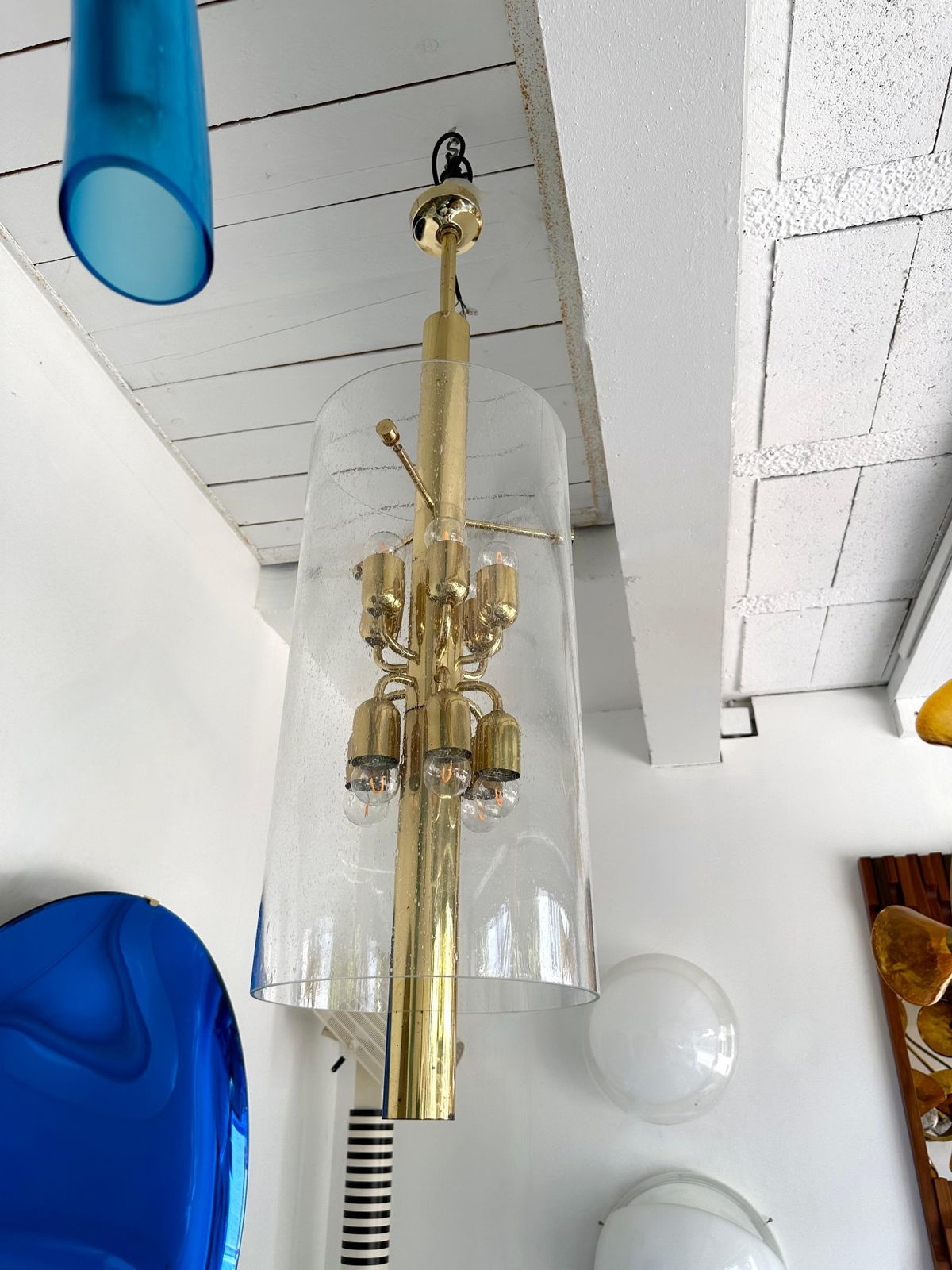 photo for sale Brass And Glass Tube Chandelier. Italy, 1970s