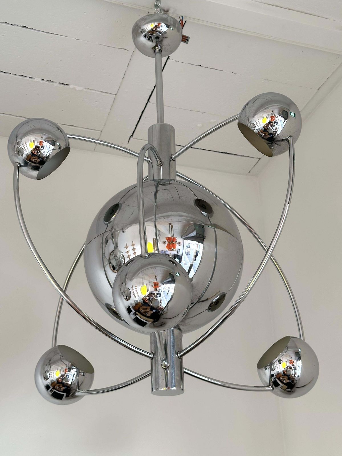 photo furniture Satellite Sputnik Chandelier Metal Chrome Italy, 1970s