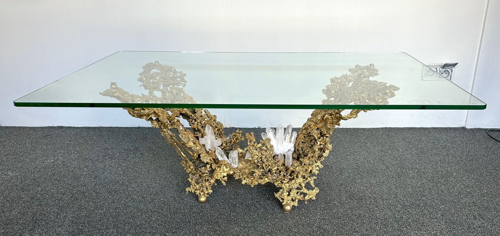 Furniture Gilt Bronze And Quartz Stone Coffee Table By Boeltz, France, 1970s photo