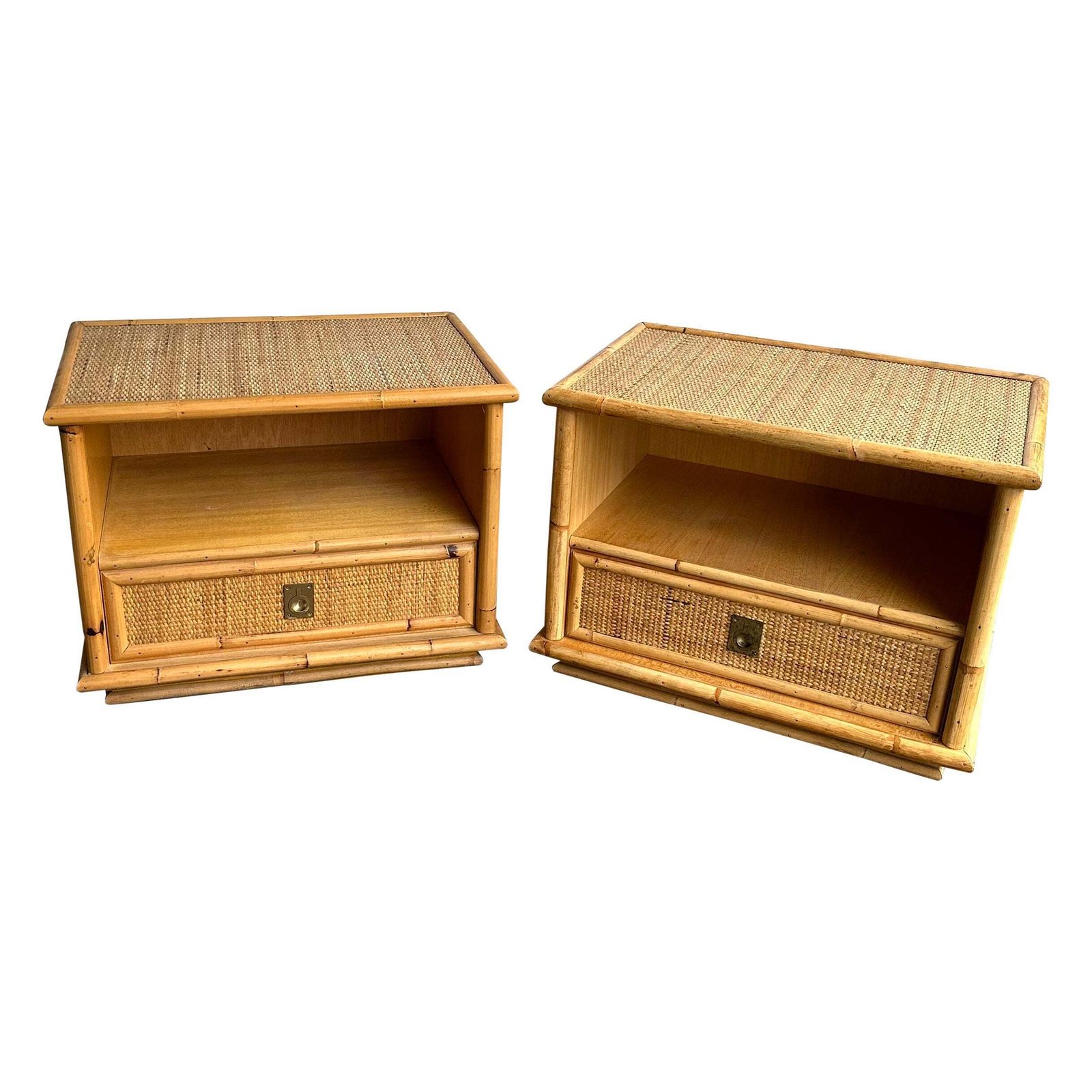 Bamboo Rattan And Brass Bedside Tables By Dal Vera, Italy, 1970s