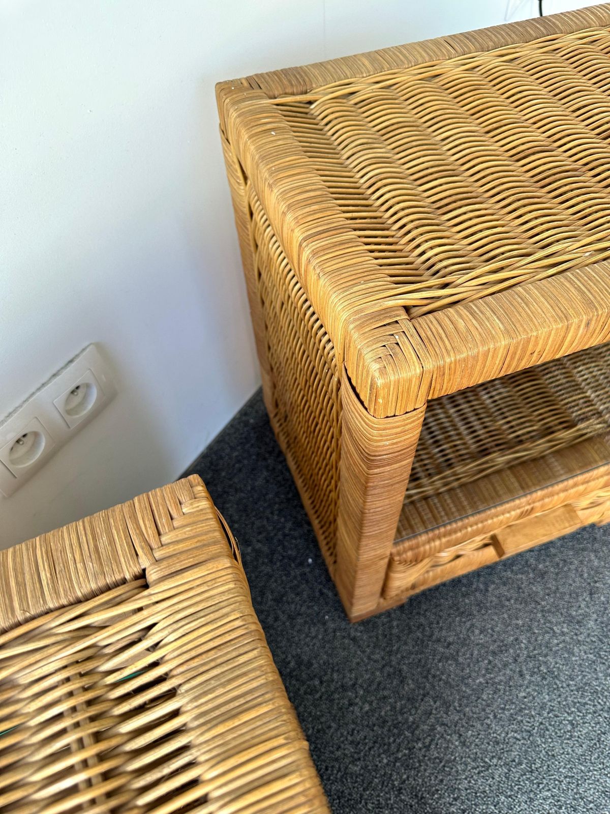 photo for sale Pair Of Rattan Bedside Tables By Tito Agnoli, Italy, 1970s