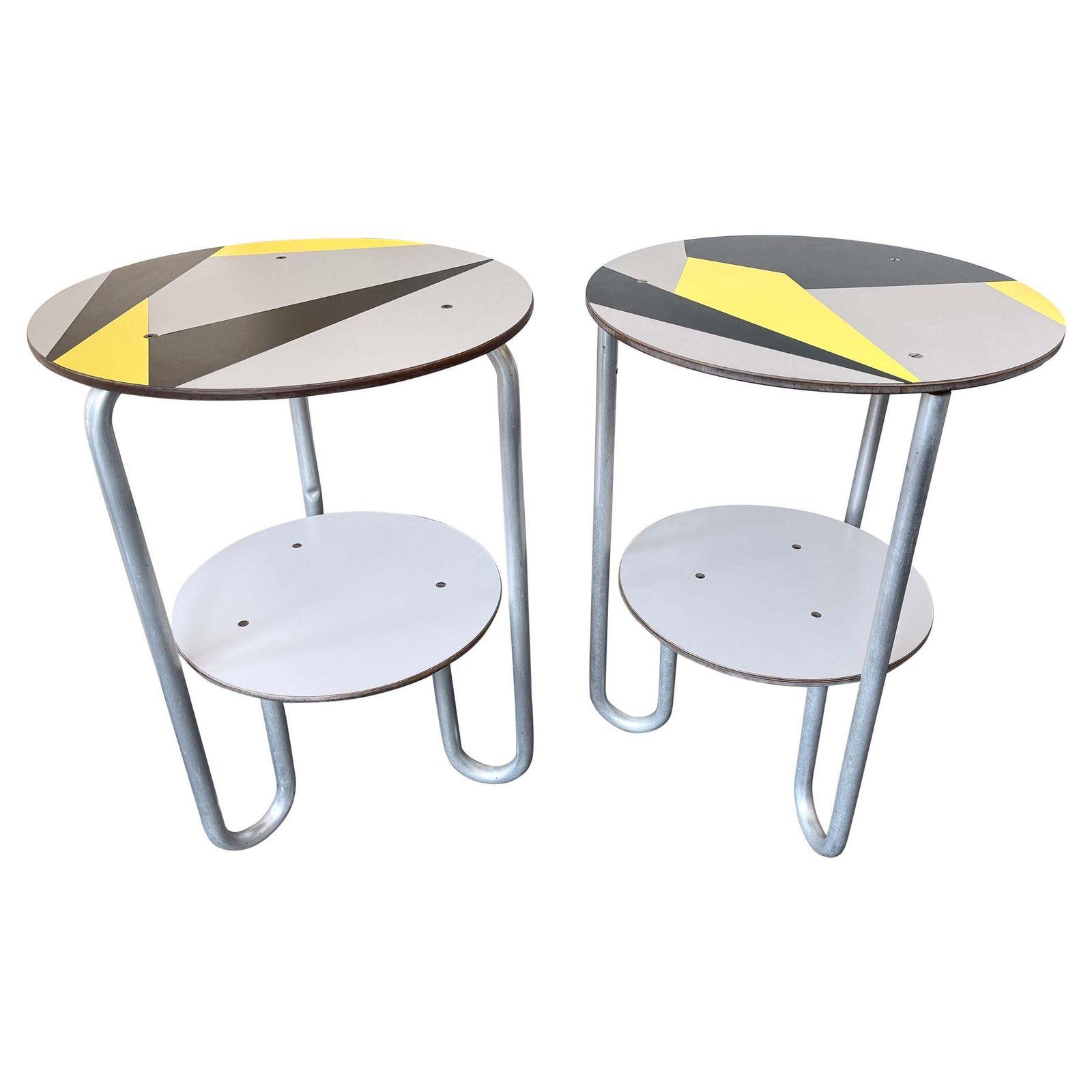 Pair Of Geometry Formica Marquetry And Metal Side Tables, Italy, 1980s