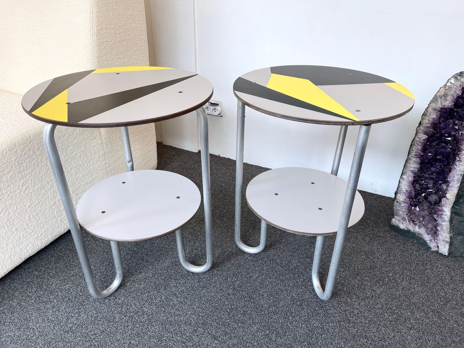 Pair Of Geometry Formica Marquetry And Metal Side Tables, Italy, 1980s photo vinterior