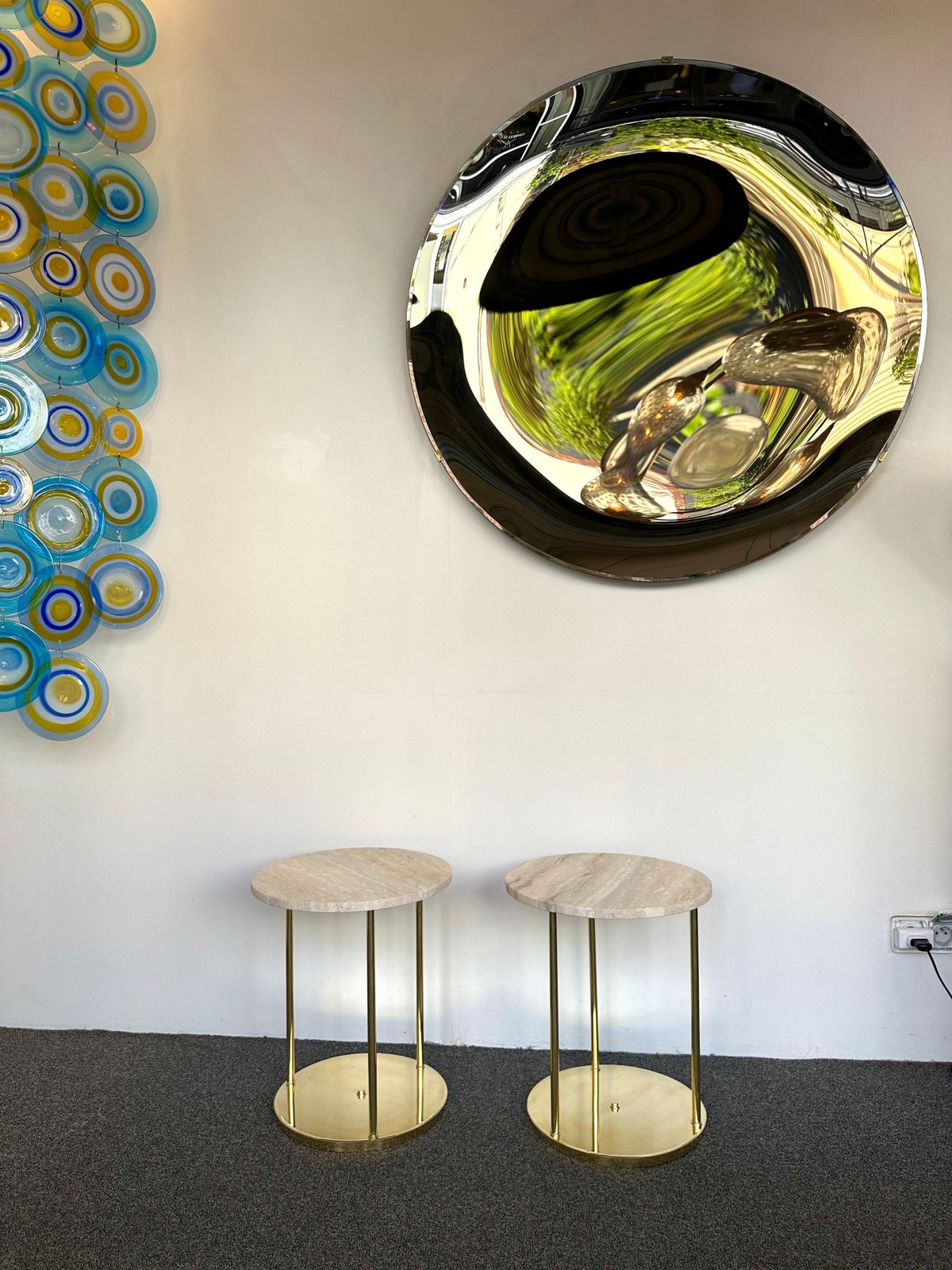 Contemporary Pair Of Brass And Travertine Side Tables, Italy photo furniture