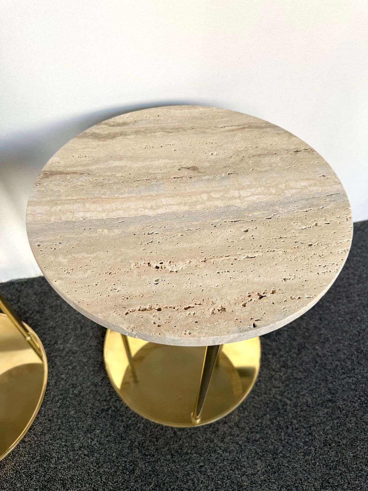 Contemporary Pair Of Brass And Travertine Side Tables, Italy photo 3421.0