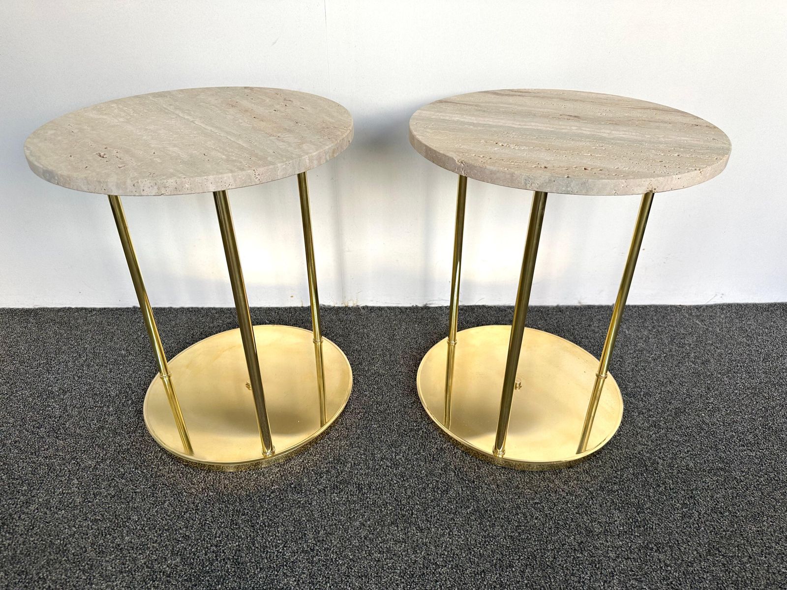 Contemporary Pair Of Brass And Travertine Side Tables, Italy photo vinterior