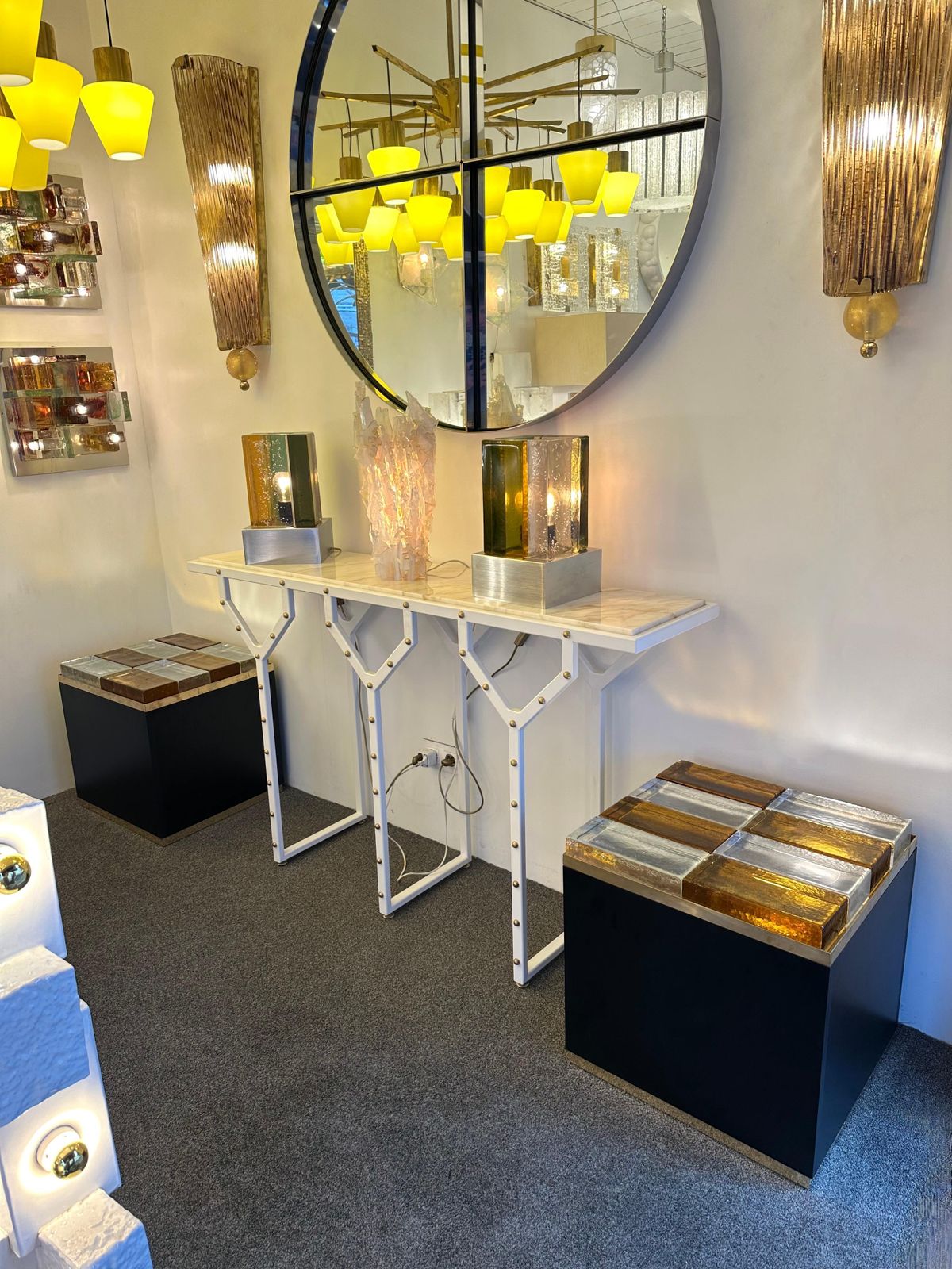 Contemporary Pair Of Lighting Murano Glass Brass Side Tables, Italy photo buy