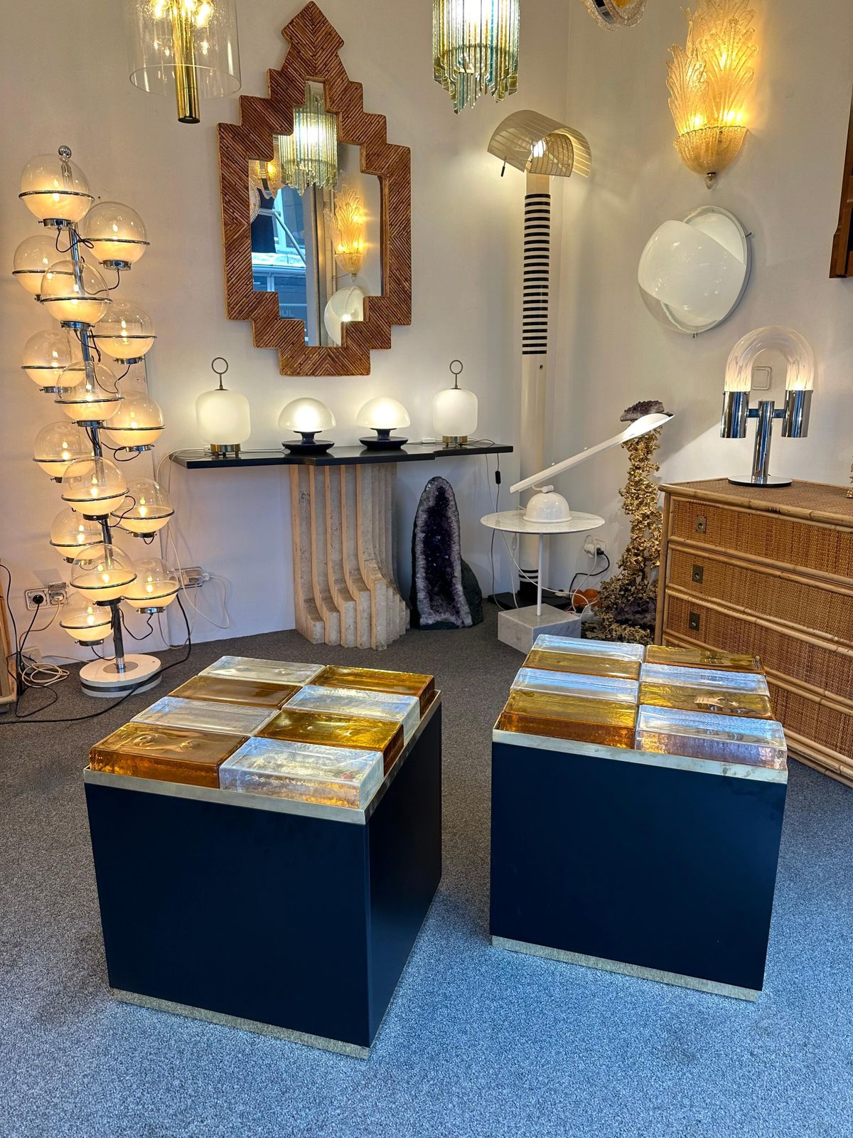 photo for sale Contemporary Pair Of Lighting Murano Glass Brass Side Tables, Italy