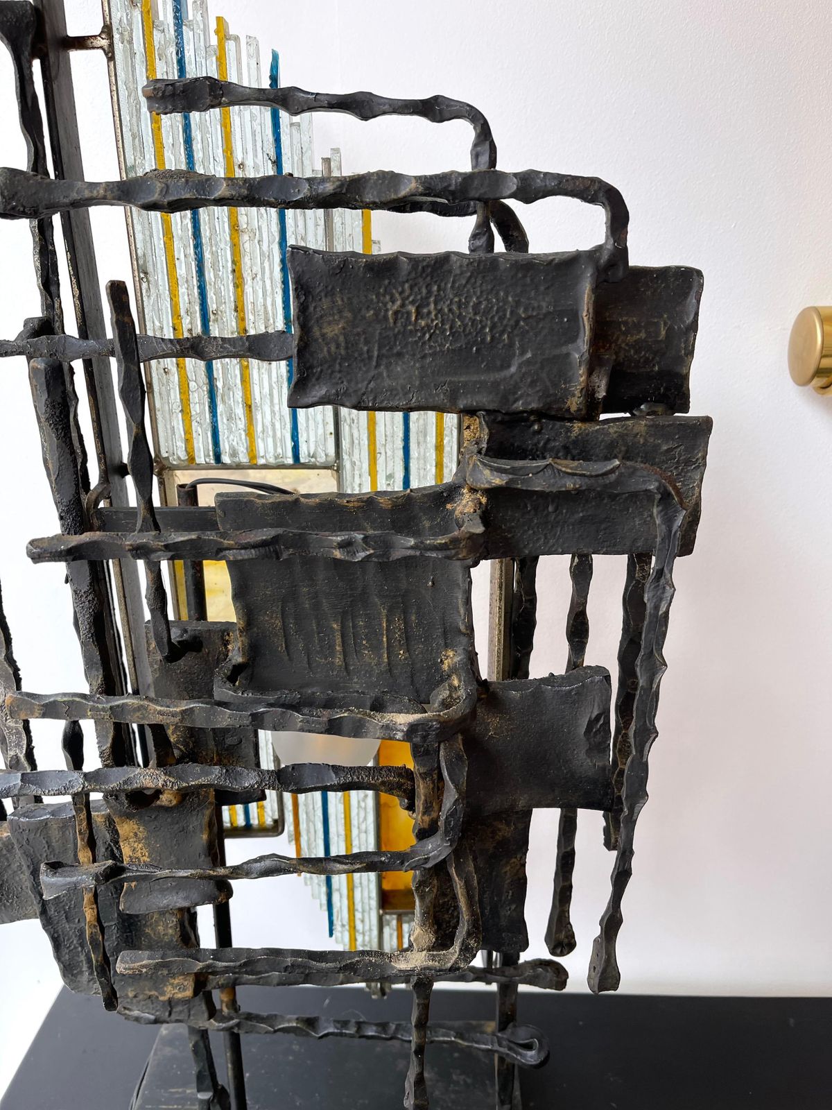 photo for sale Hammered Glass Wrought Iron Sculpture Lamp By Biancardi & Jordan, Italy, 1970s