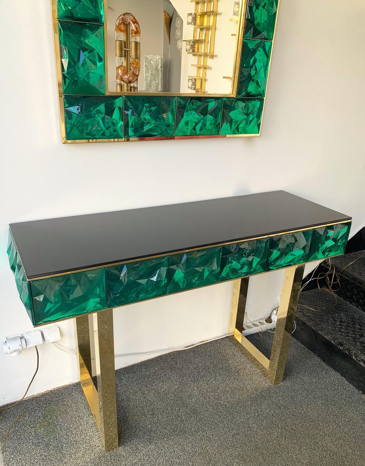 Contemporary Brass Mirror And Console Set Murano Glass, Italy photo furniture