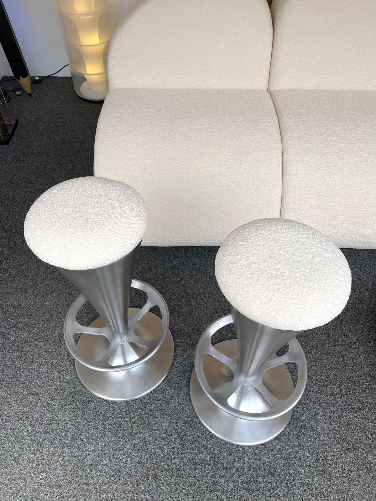 Pair Of Stainless Steel Metal Cone Bar Stools, Italy, 1990s photo vintage