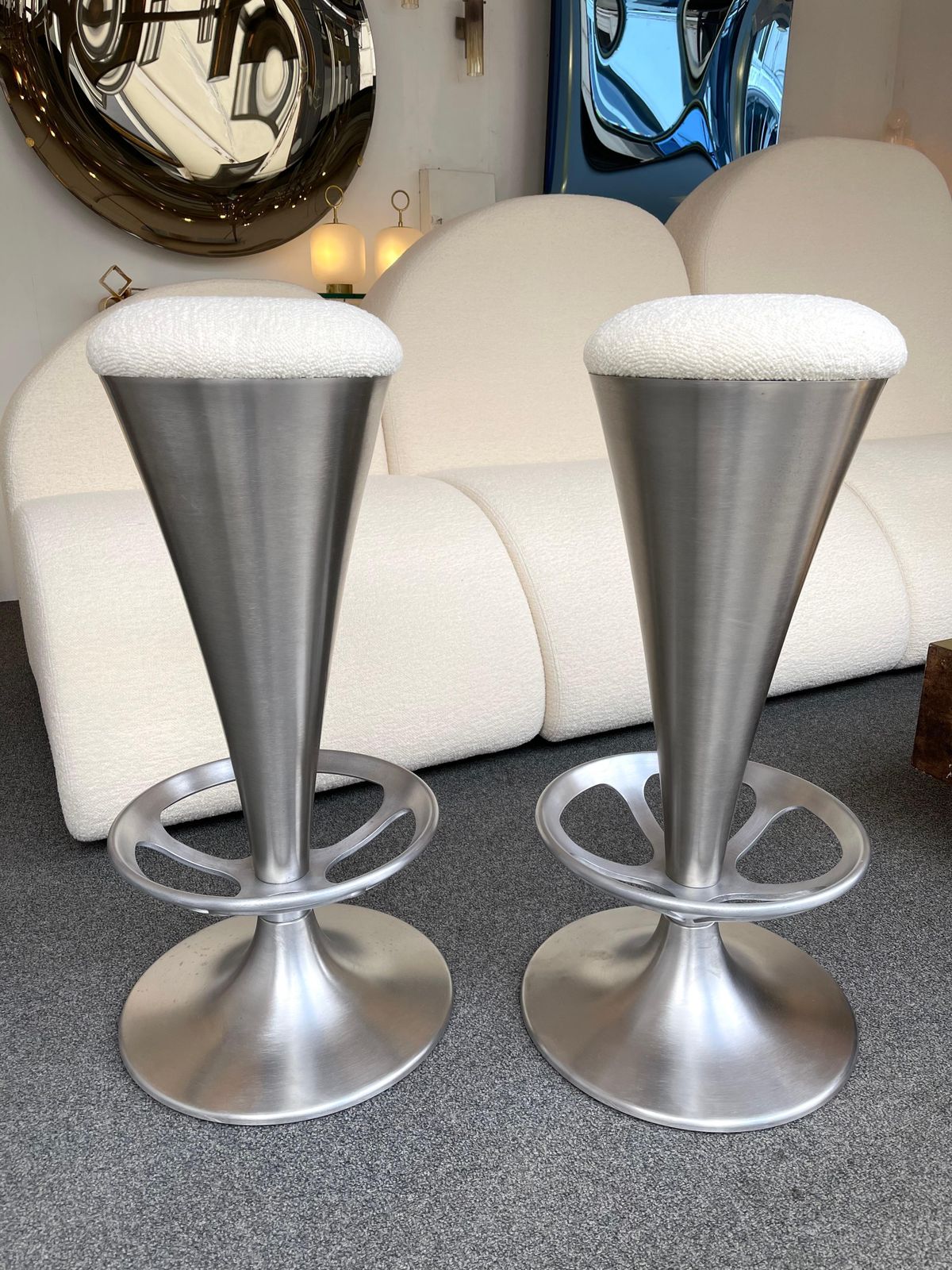 Furniture Pair Of Stainless Steel Metal Cone Bar Stools, Italy, 1990s photo