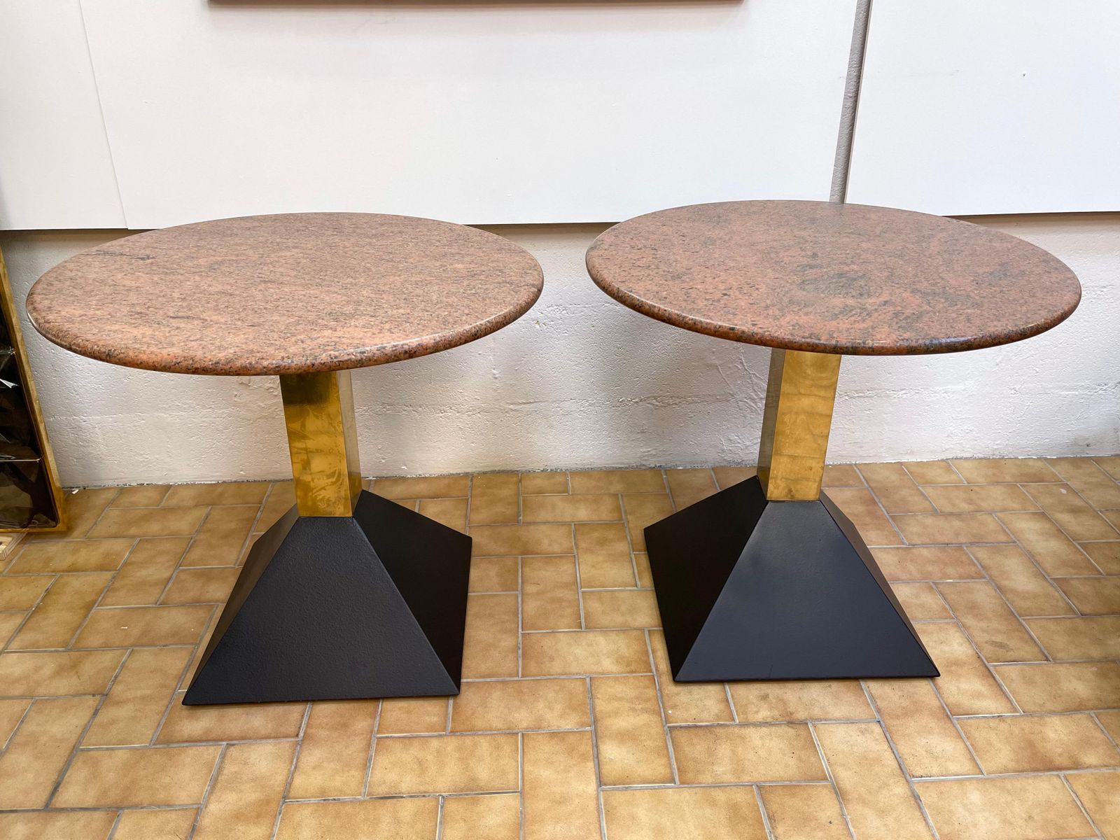 Furniture Pair Of Red Granite And Brass Side Tables, Italy, 1980s photo