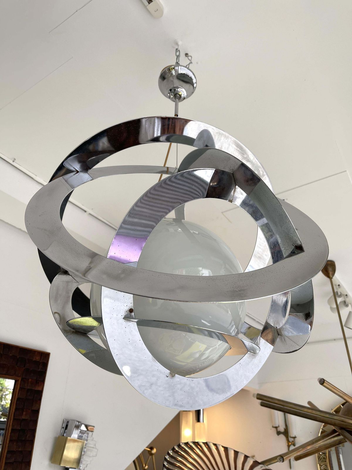 4105.0 Space Age Metal Opaline Glass Saturn Pendant Lightning, Italy, 1970s photo